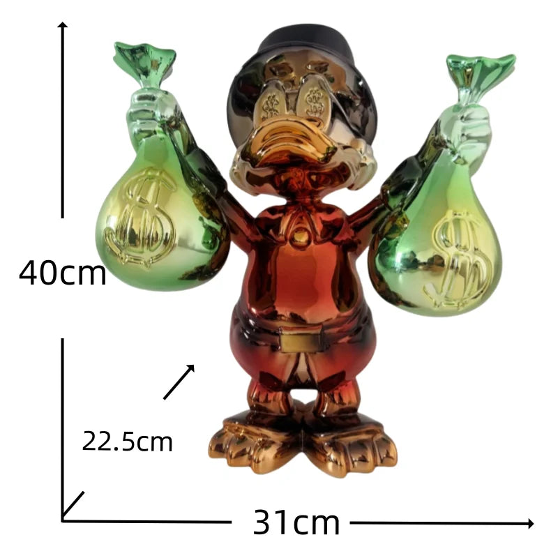 Glass figure of a character holding two bags with dollar signs, measurements indicated.