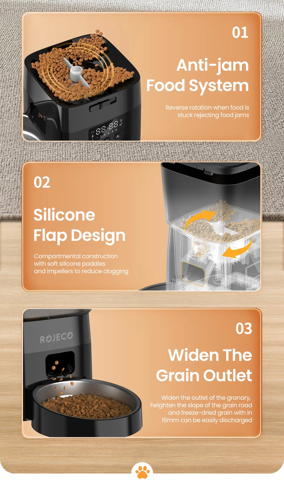 Dog food dispenser with features highlighted on a wooden background