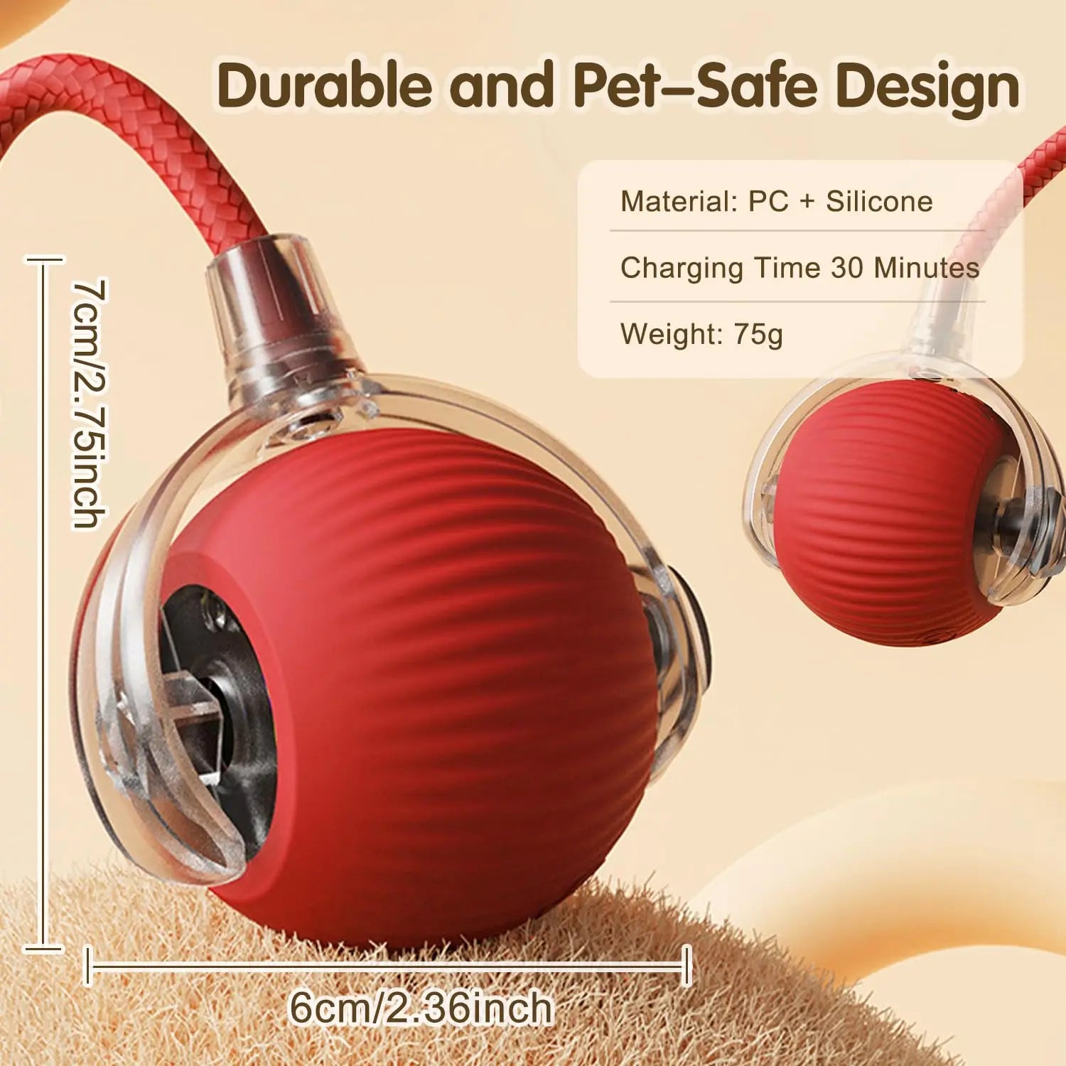 Red and clear ball-shaped device with charging cable, dimensions, material details, and weight on a beige background.