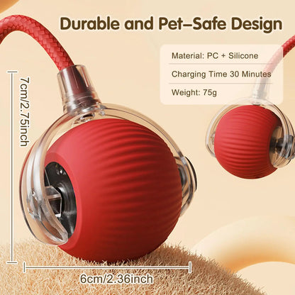 Red and clear ball-shaped device with charging cable, dimensions, material details, and weight on a beige background.