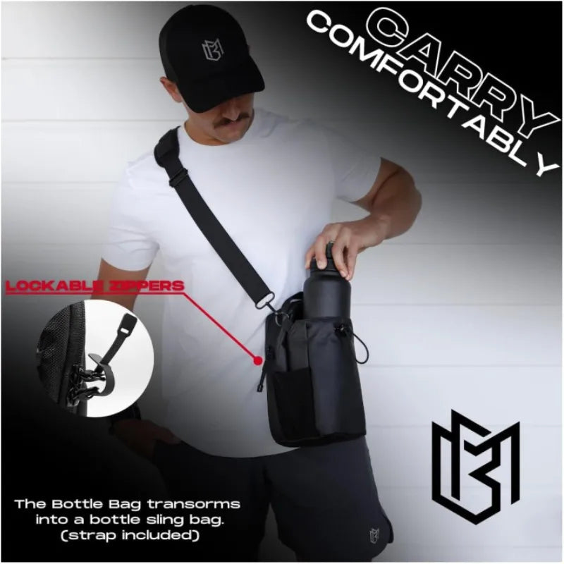 Person holding a black bottle bag with lockable zippers, featuring the brand 'CARRY COMFORTABLY'.