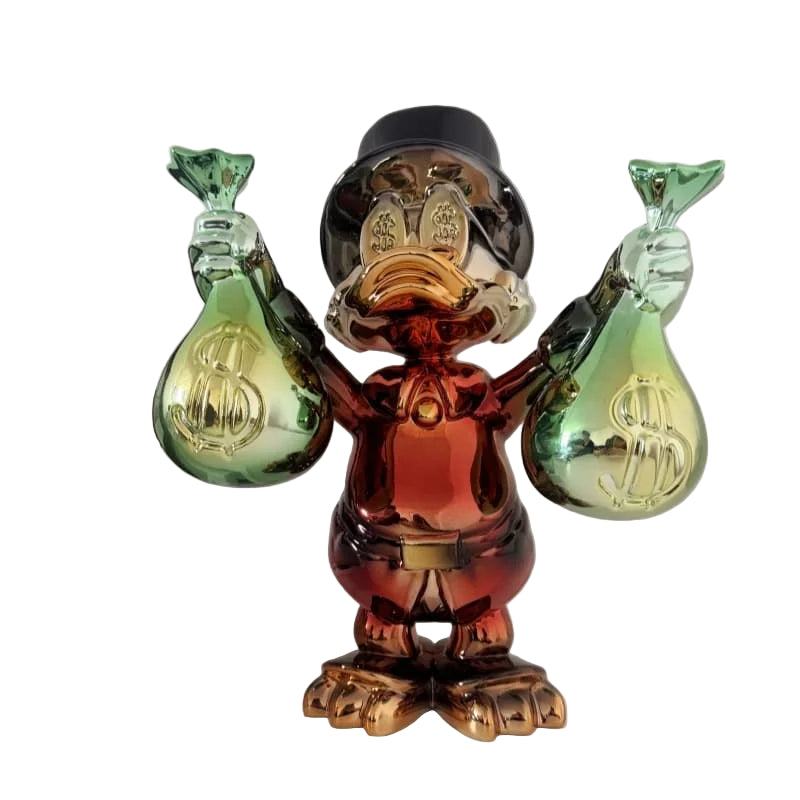 Decorative figure resembling a classic character holding money bags on a shelf.