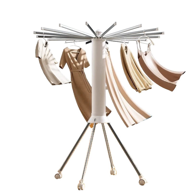 Four-corner reinforced support drying rack with clothes on a wooden floor.