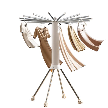 Four-corner reinforced support drying rack with clothes on a wooden floor.