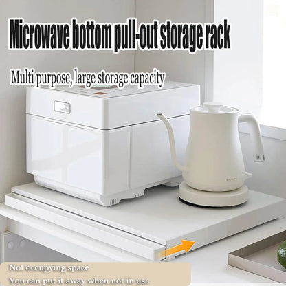 Kitchen Microwave Storage Rack with Bottom Pull-Out Drawer & Sliding Partition