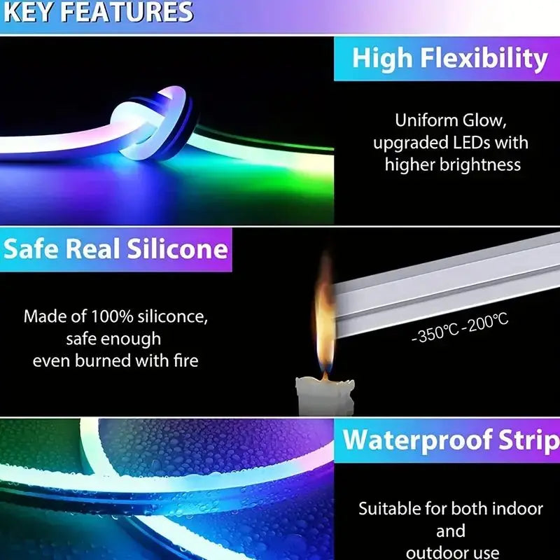 5V LED Neon Strip Lights – USB Powered, Music Sync, Waterproof Indoor Outdoor Flexible Lighting