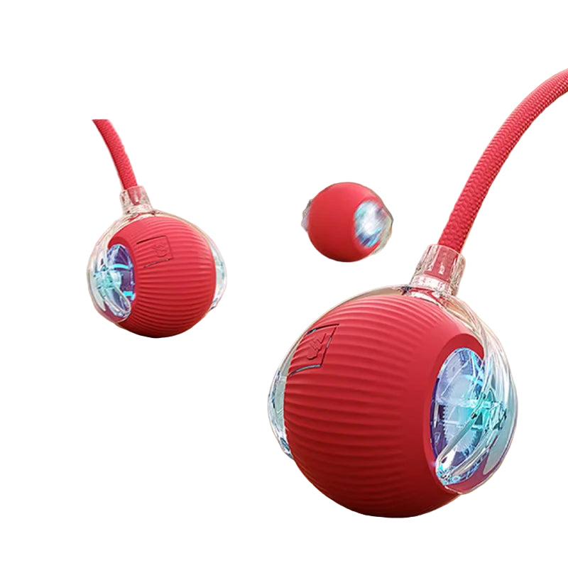 Red exercise ball with a handle on a wooden floor, featuring the brand 'Carae'.