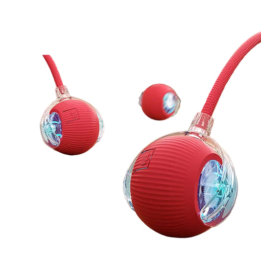 Red exercise ball with a handle on a wooden floor, featuring the brand 'Carae'.