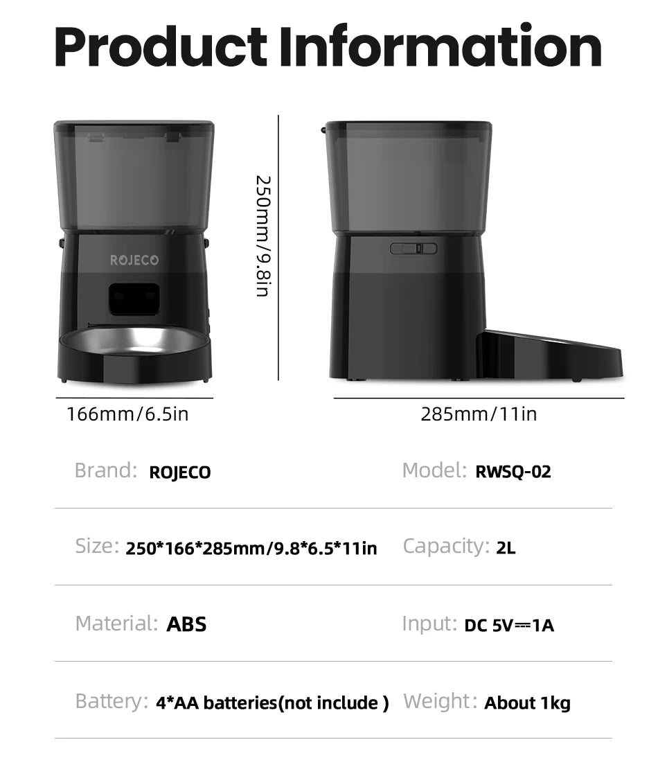 Product information for a ROJECO device with dimensions, capacity, and features listed.