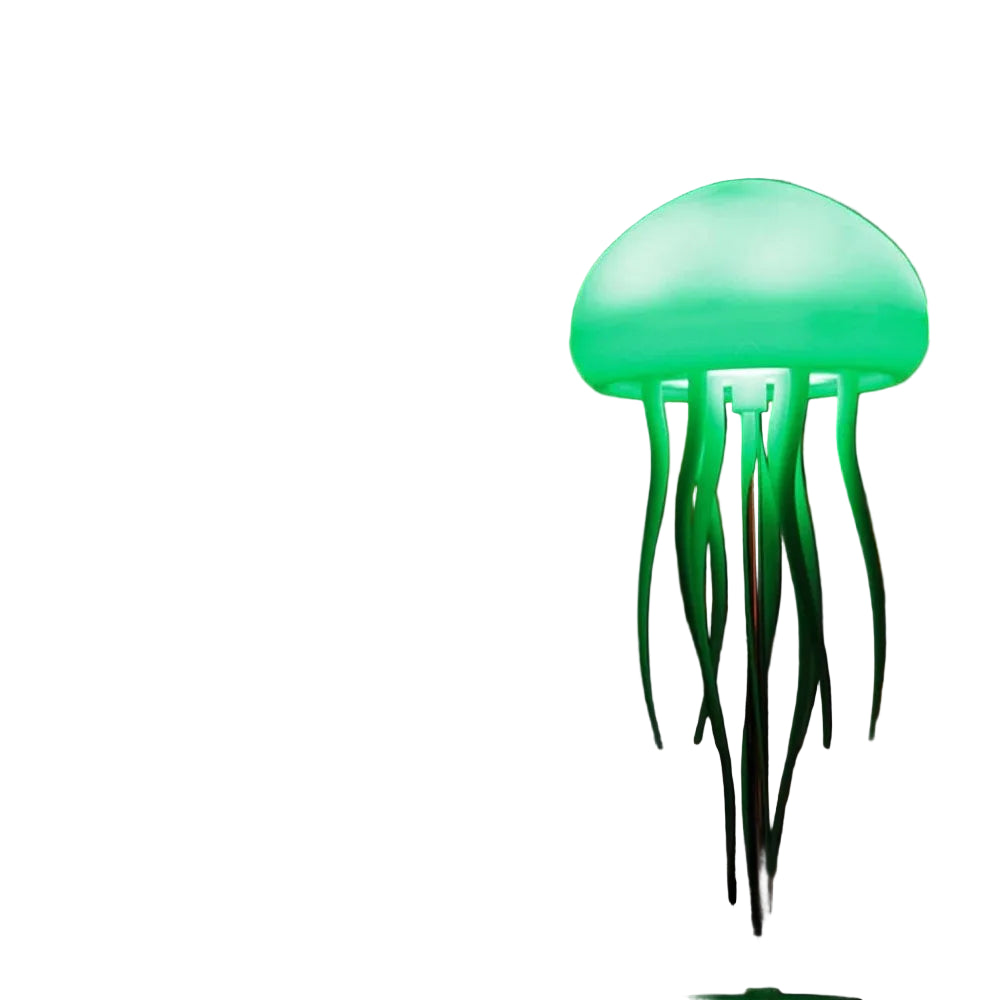 Green jellyfish-shaped light with text detailing features, set against a blurred indoor background.