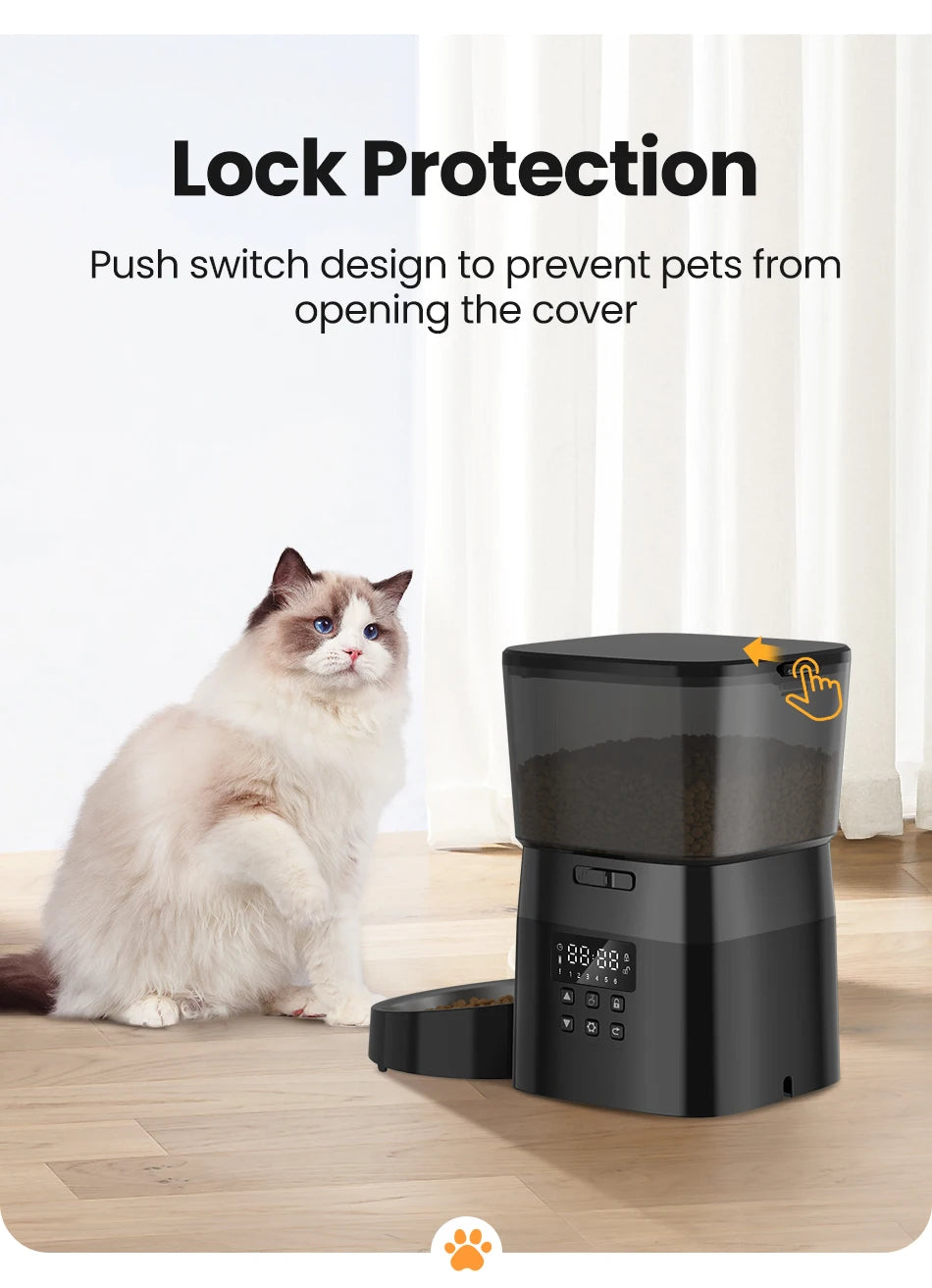 Pet feeder with lock protection feature, cat sitting next to it on a wooden floor.