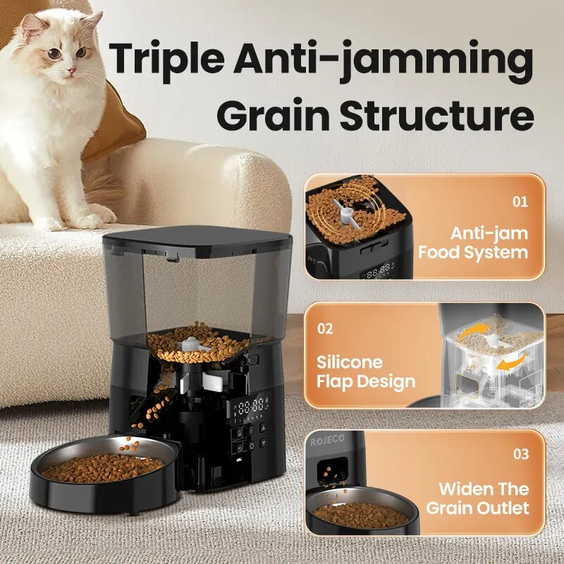 Pet food dispenser with text highlighting features, including a cat sitting on a couch.