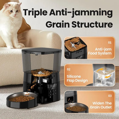 Pet food dispenser with text highlighting features, including a cat sitting on a couch.