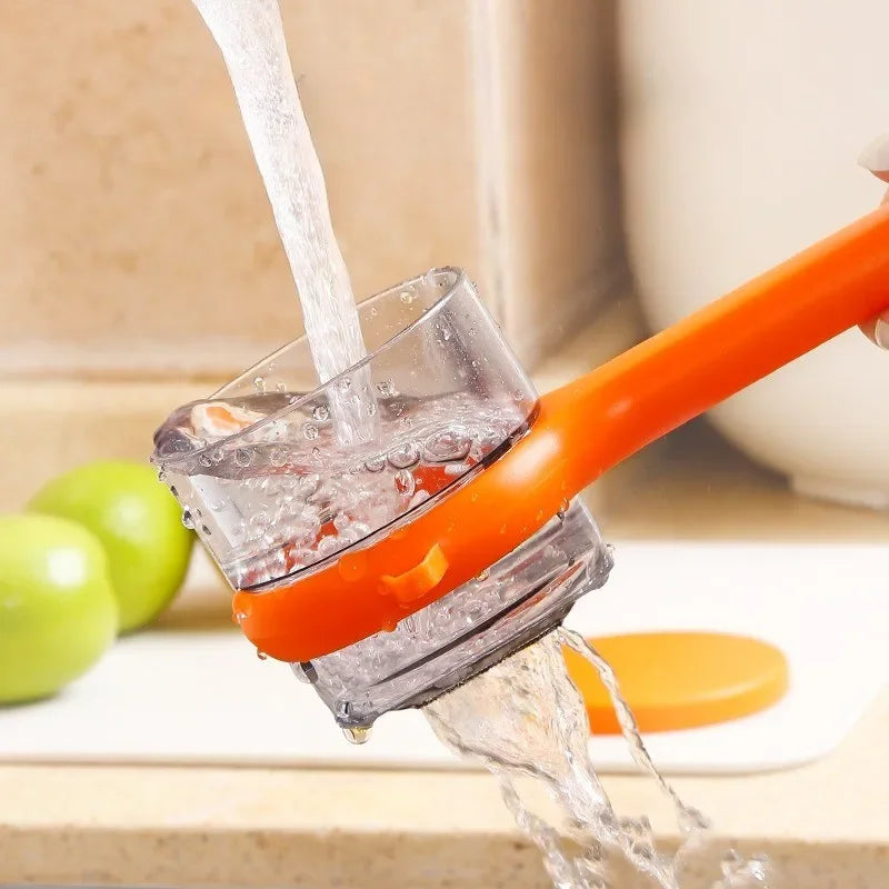 Multifunctional Vegetable peeler pouring water, showcasing its innovative storage feature in a kitchen setting.