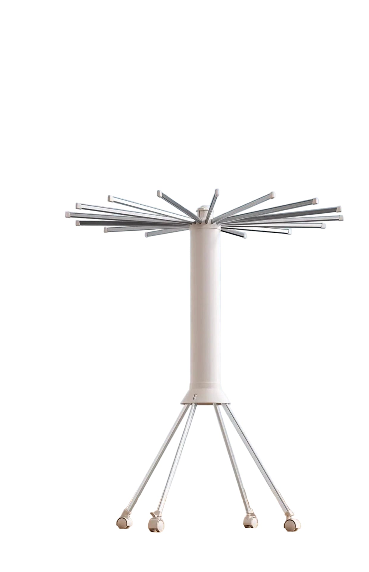 White outdoor umbrella with deployment mechanism against a blue sky background