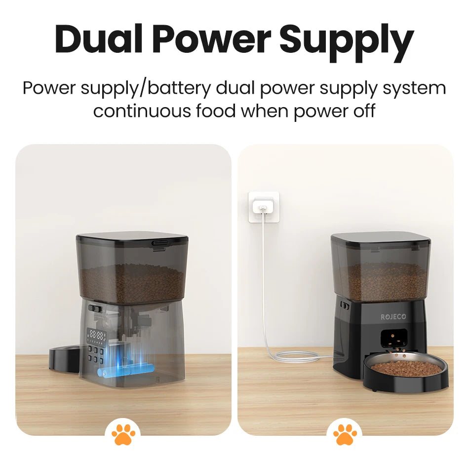 Dual power supply system for a pet food dispenser on a wooden surface with text explaining its function.