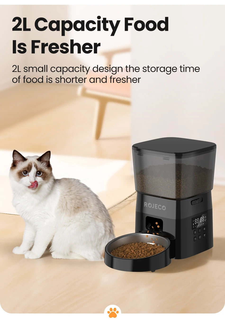 Cat next to a pet food dispenser with text about food freshness and capacity