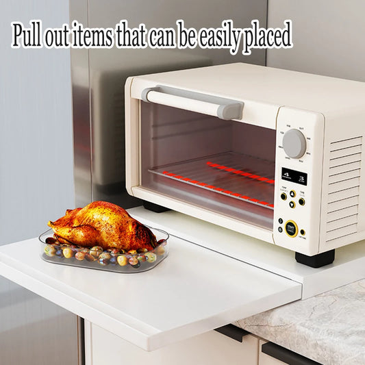 Kitchen Microwave Storage Rack with Bottom Pull-Out Drawer & Sliding Partition