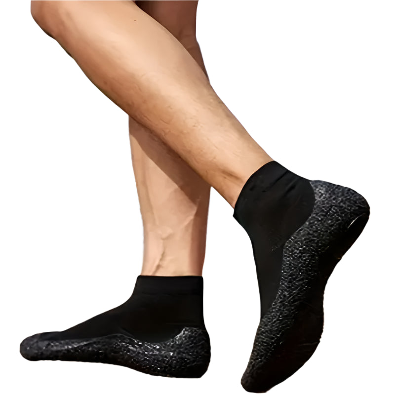 Black textured socks worn on a person's feet with a blurred natural background