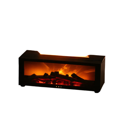 Electric fireplace with glowing logs and flames, featuring a remote control and color-changing lights.