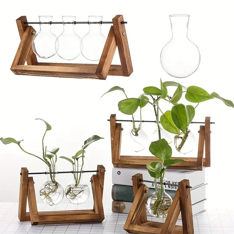 Tabletop Glass Planter – Propagation Station with Wooden Rack | Hydroponic Terrarium Vases for Home & Room Decor