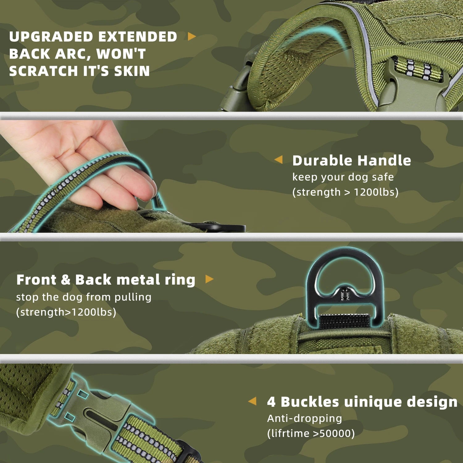Green dog harness with features highlighted on a camouflage background