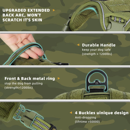 Green dog harness with features highlighted on a camouflage background