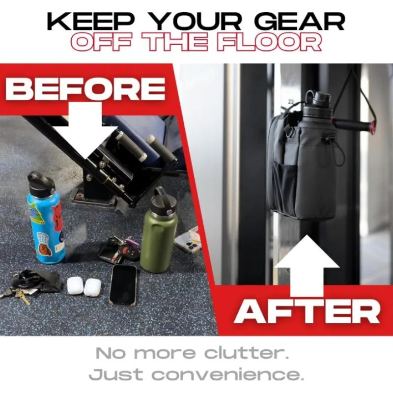 Before and after comparison of gear organization with bottles and keys on floor and hanging on a hook.