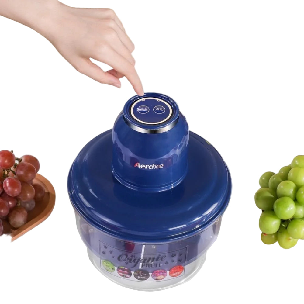 Blue fruit peeler with a hand pressing a button, grapes on either side, and text about its features.