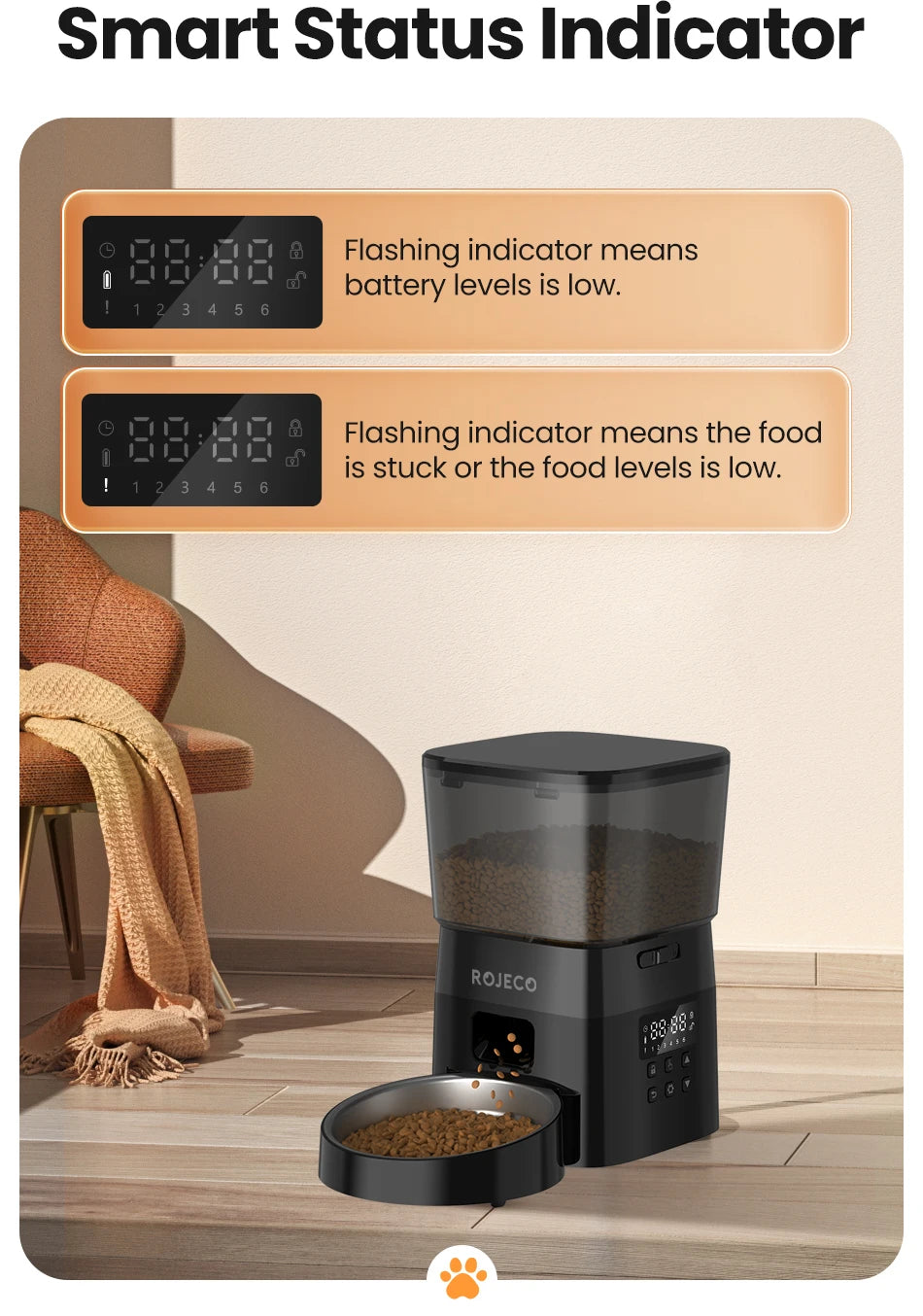 Pet food dispenser with digital display on a wooden floor, featuring text about status indicators.