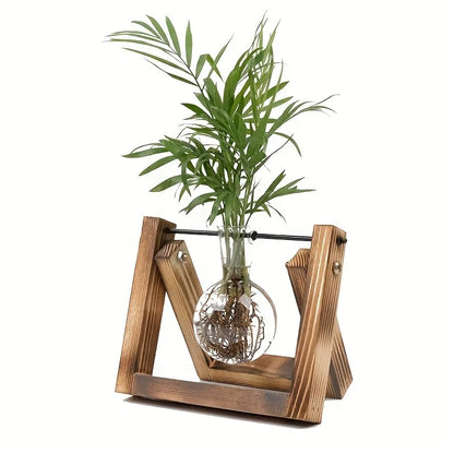 Tabletop Glass Planter – Propagation Station with Wooden Rack | Hydroponic Terrarium Vases for Home & Room Decor