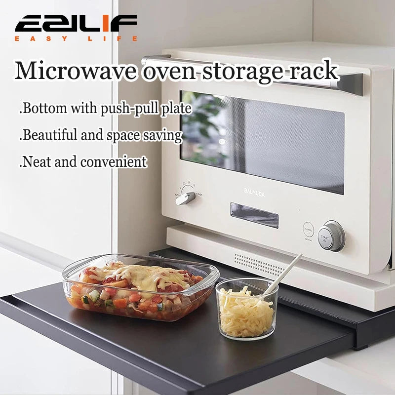 Kitchen Microwave Storage Rack with Bottom Pull-Out Drawer & Sliding Partition