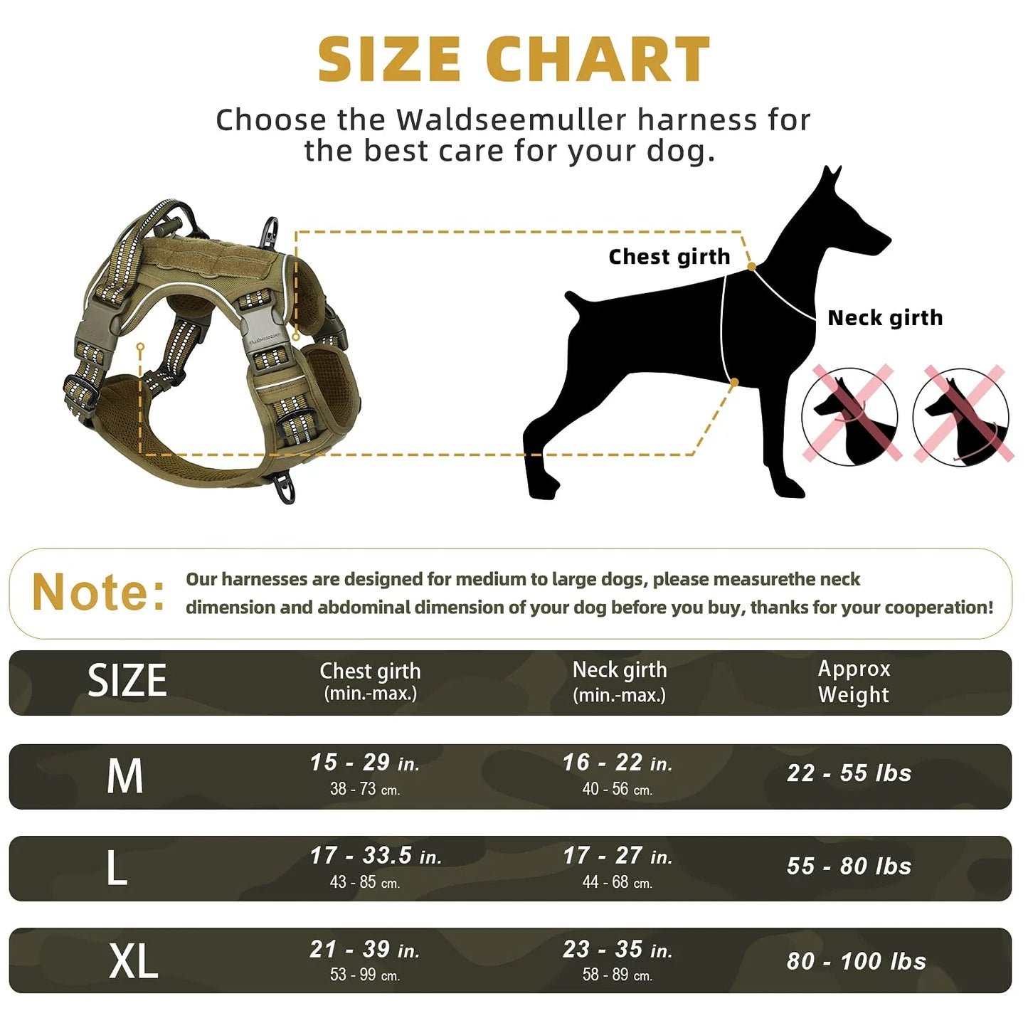 Size chart for Waldseemuller dog harness with measurements and illustrations.