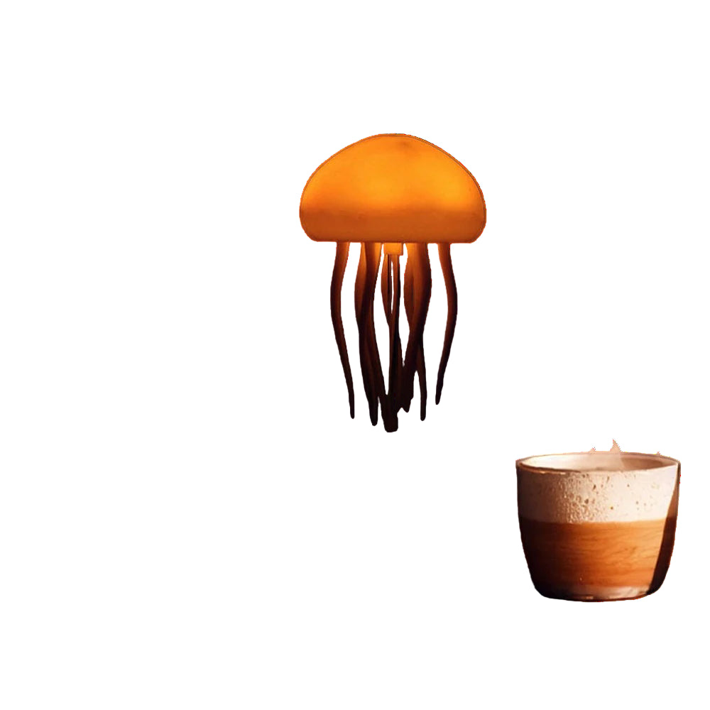 Jellyfish-shaped light emitting a warm glow next to a steaming cup on a dark background