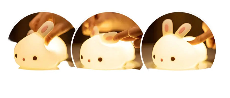 Three views of a rabbit-shaped night light with a soft glow.