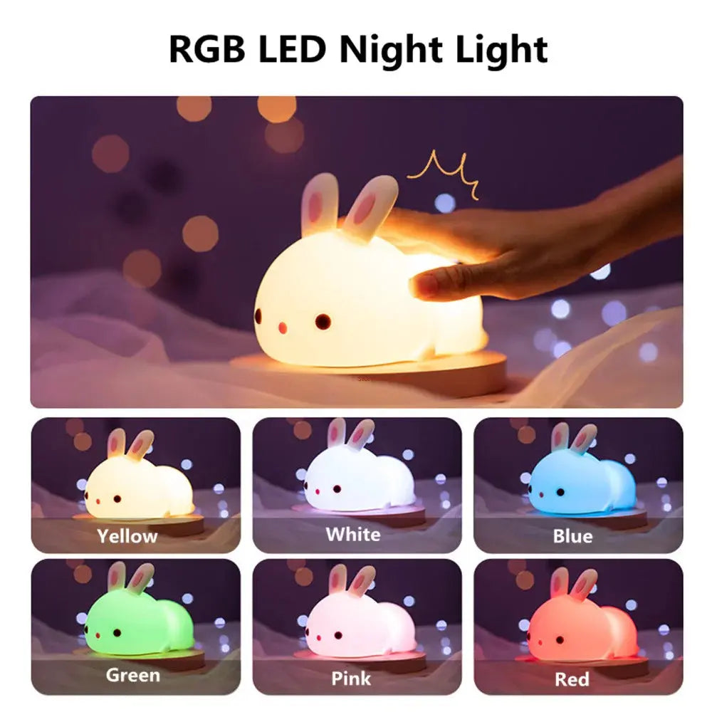 Touch Sensor LED Bunny Night Light – 16 Color USB Rechargeable Silicone Lamp for Kids SKYNIX
