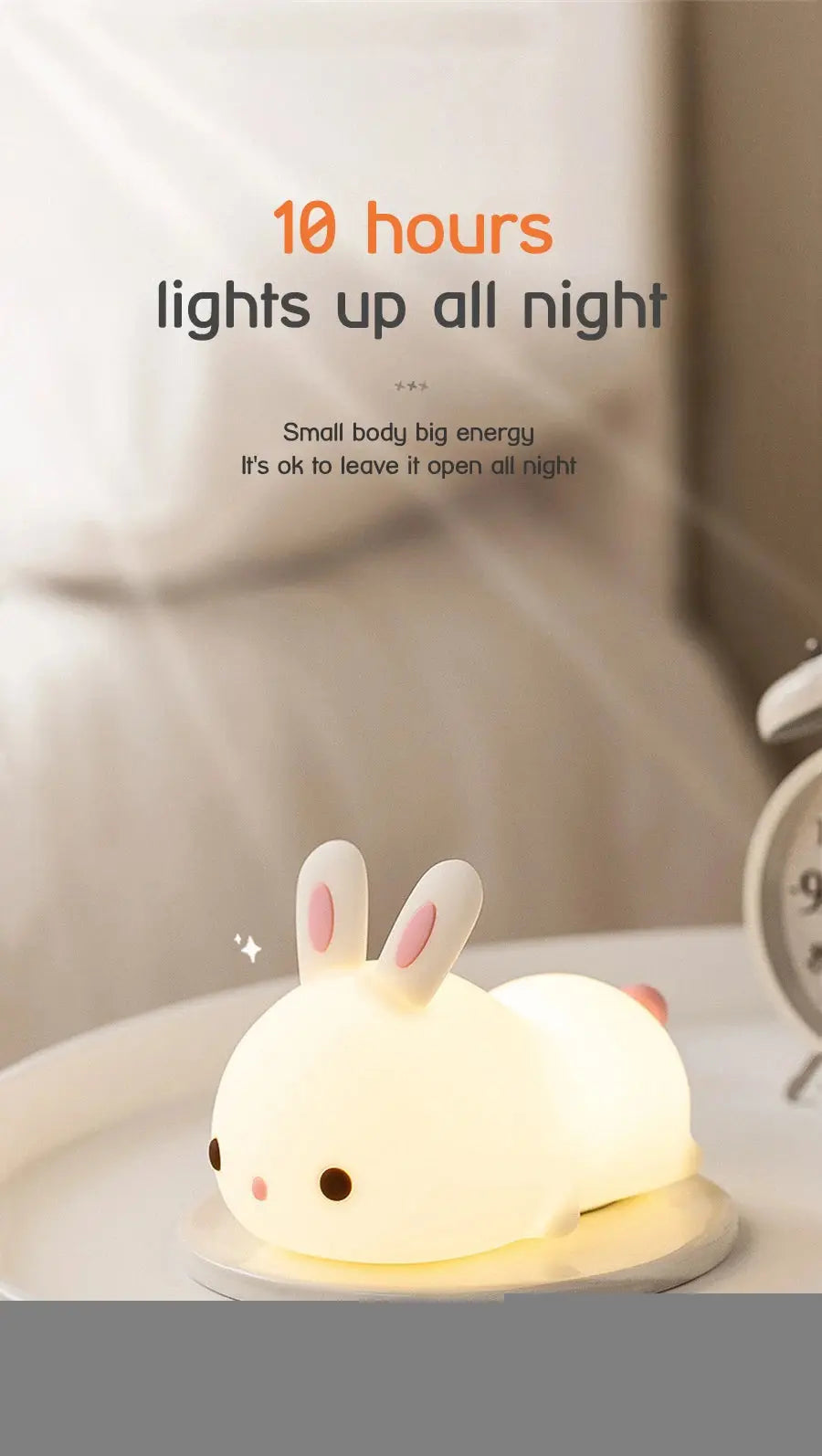 Touch Sensor LED Bunny Night Light – 16 Color USB Rechargeable Silicone Lamp for Kids SKYNIX