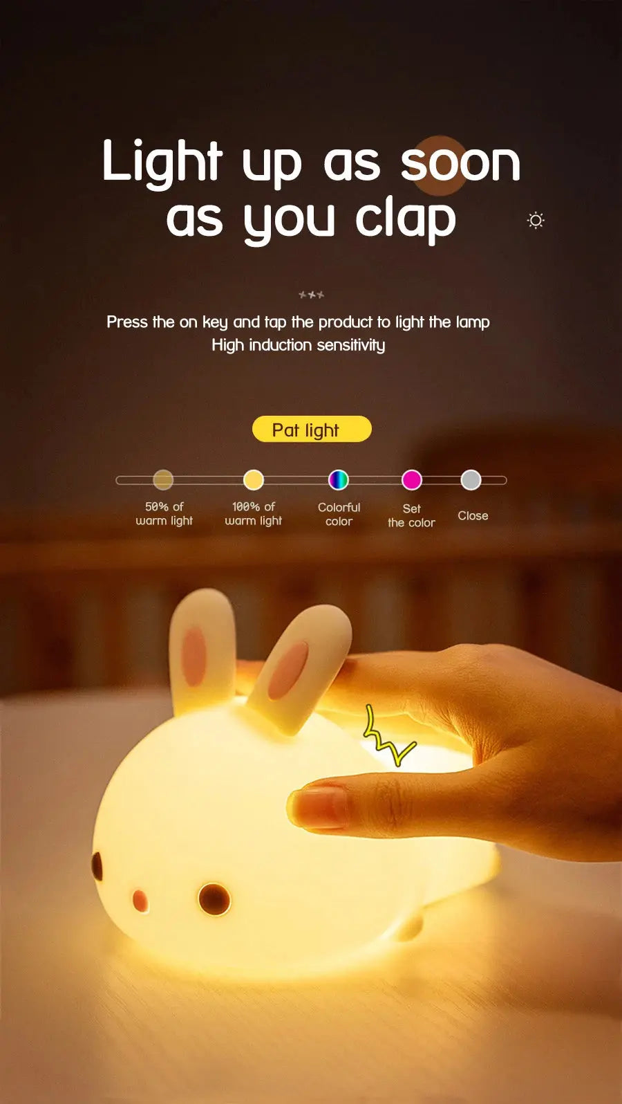 Touch Sensor LED Bunny Night Light – 16 Color USB Rechargeable Silicone Lamp for Kids SKYNIX