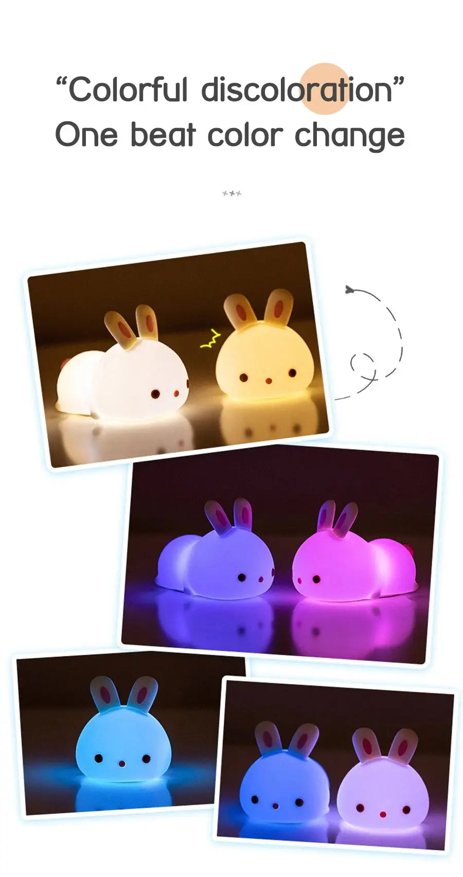 Touch Sensor LED Bunny Night Light – 16 Color USB Rechargeable Silicone Lamp for Kids SKYNIX