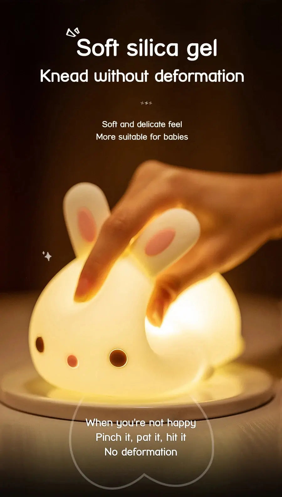 Touch Sensor LED Bunny Night Light – 16 Color USB Rechargeable Silicone Lamp for Kids SKYNIX