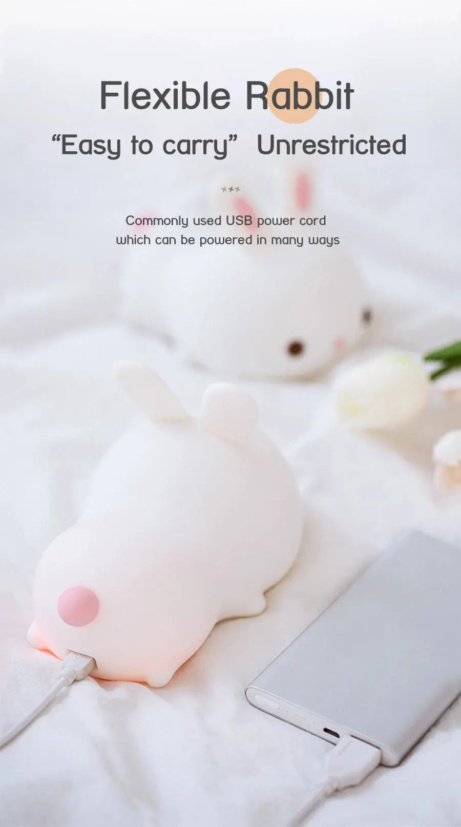 Touch Sensor LED Bunny Night Light – 16 Color USB Rechargeable Silicone Lamp for Kids SKYNIX