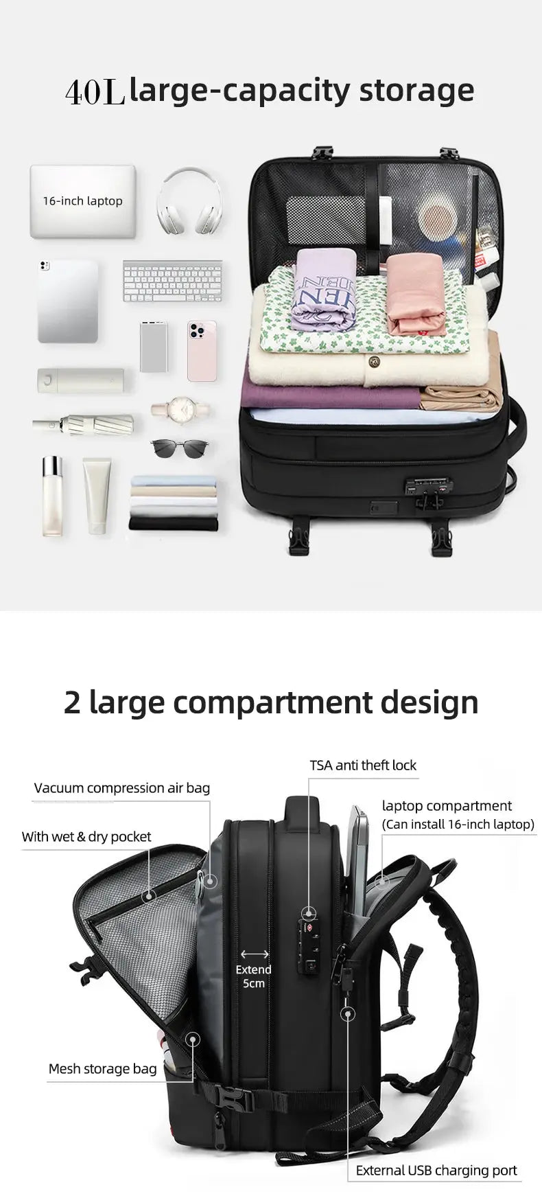 Travel Laptop Backpack 16" – USB Charging, Vacuum Compression, Business Use SKYNIX