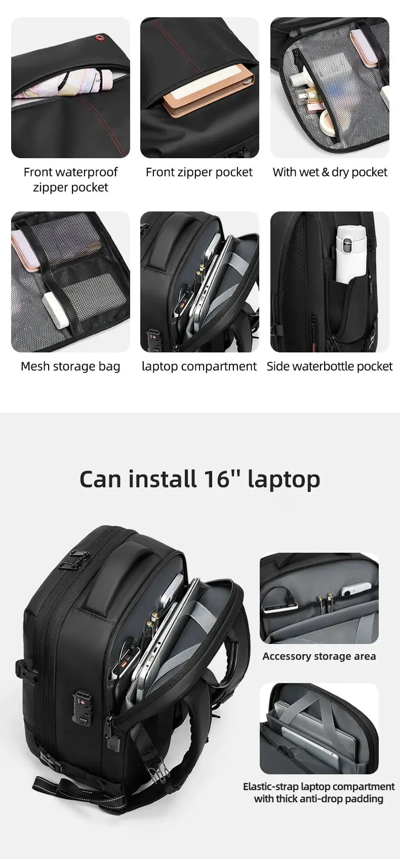 Travel Laptop Backpack 16" – USB Charging, Vacuum Compression, Business Use SKYNIX