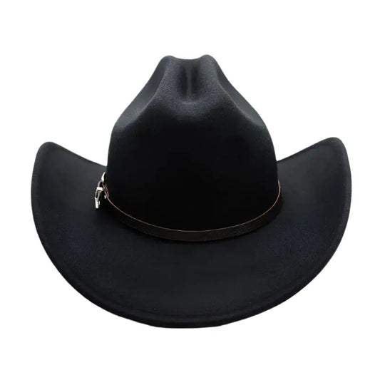 Black cowboy hat with a leather band on a white background