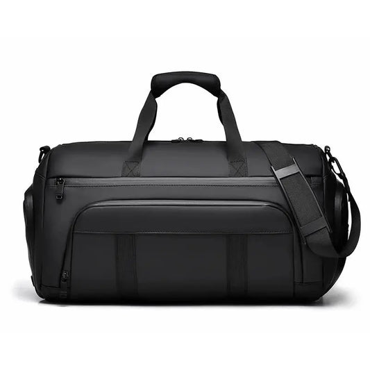 Black duffel bag with shoulder strap on a white background
