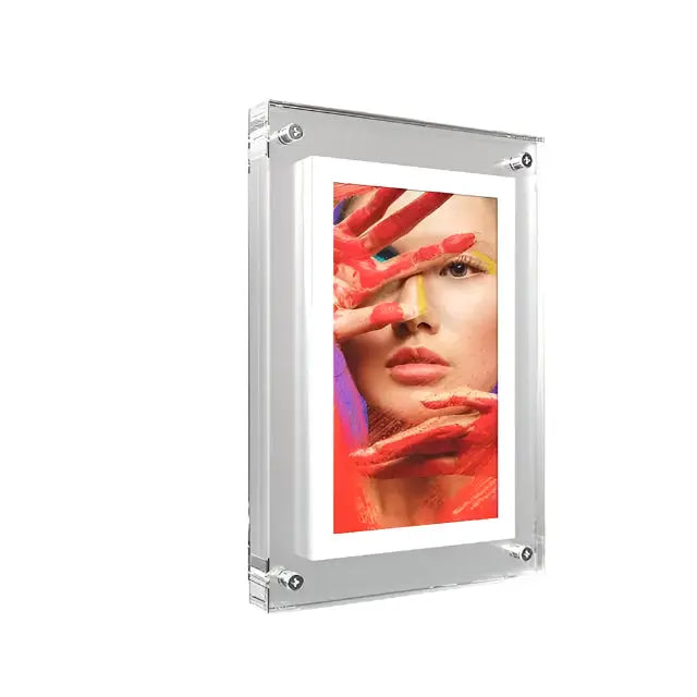 7-inch digital photo frame displaying a colorful portrait on a beige background